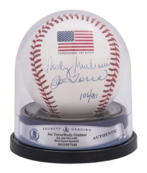 Joe Torre & Rudy Giuliani Dual Signed "Ceremonial First Pitch" Limited Edition Baseball (#106/911) - Beckett, Steiner 